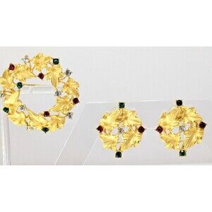 Vintage M.JENT Wreath Brooch Pin & Earrings Set Red Green Rhinestone Gold Tone